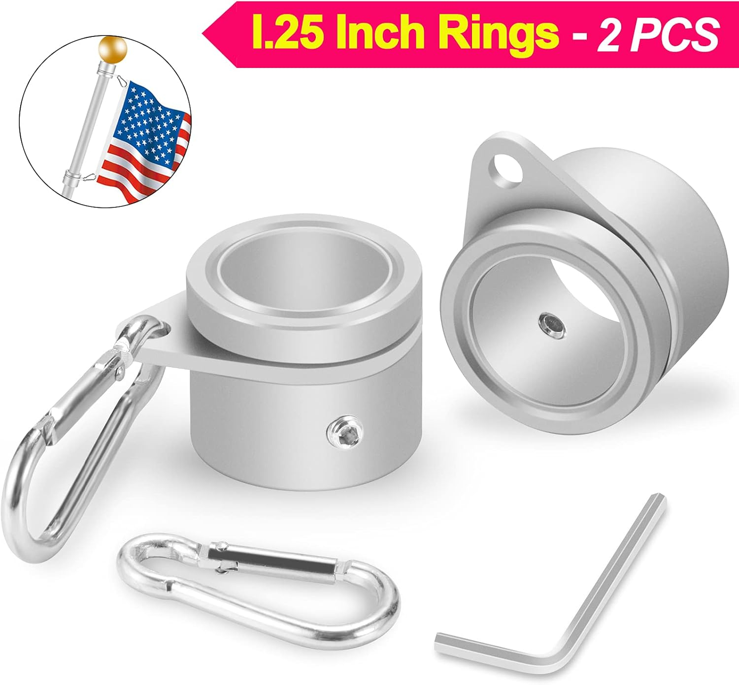 1.25" Flag Pole Rings, 2 Pcs Anti Wrap Flag Pole Clips Swivels, 360° Rotating Flagpole Mounting Rings, Aluminum Alloy Spinning Flag Pole Kit Parts for 1.02-1.25" Diameter (1.25 Inch, Silver)