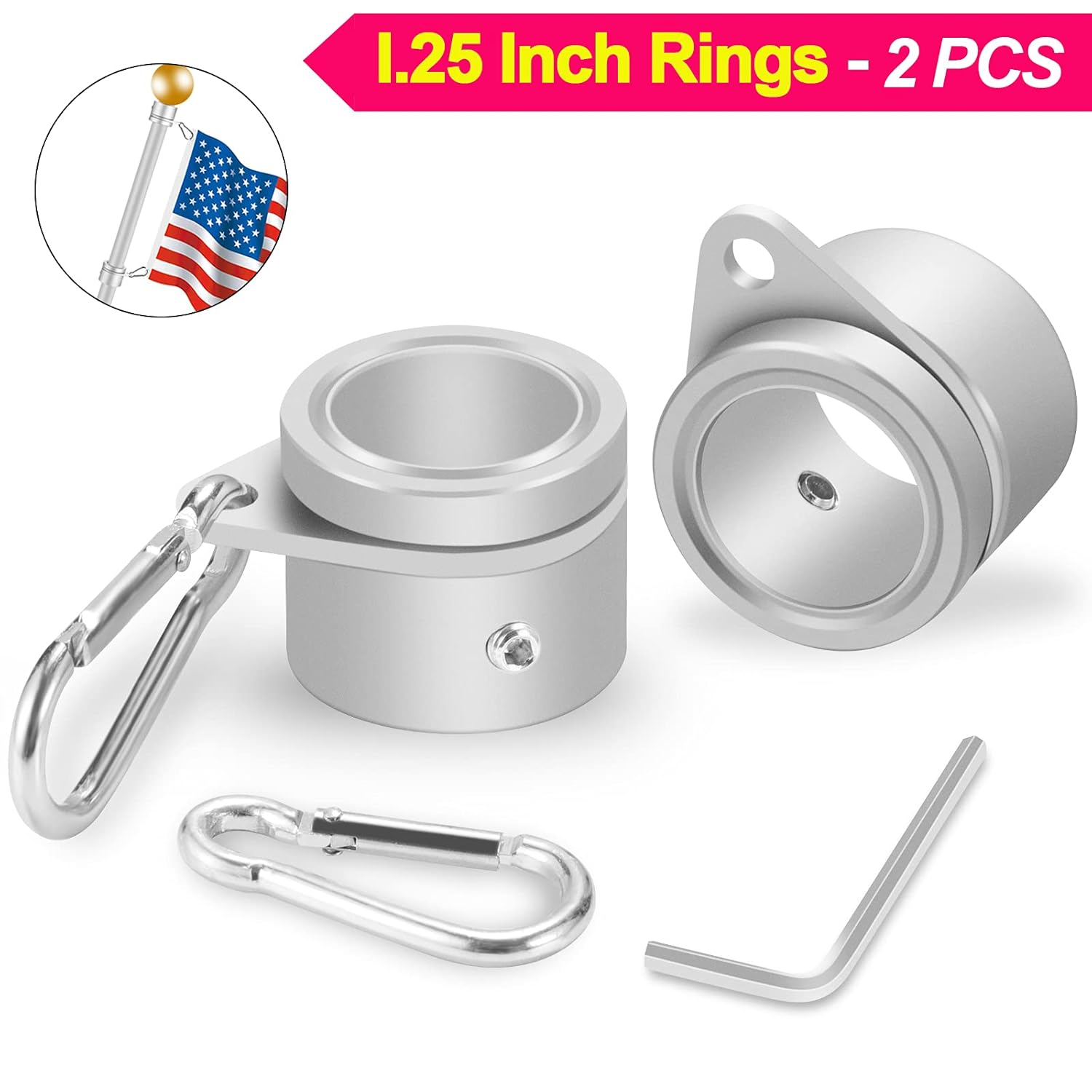 1.25" Flag Pole Rings, 2 Pcs Anti Wrap Flag Pole Clips Swivels, 360° Rotating Flagpole Mounting Rings, Aluminum Alloy Spinning Flag Pole Kit Parts for 1.02-1.25" Diameter (1.25 Inch, Silver)