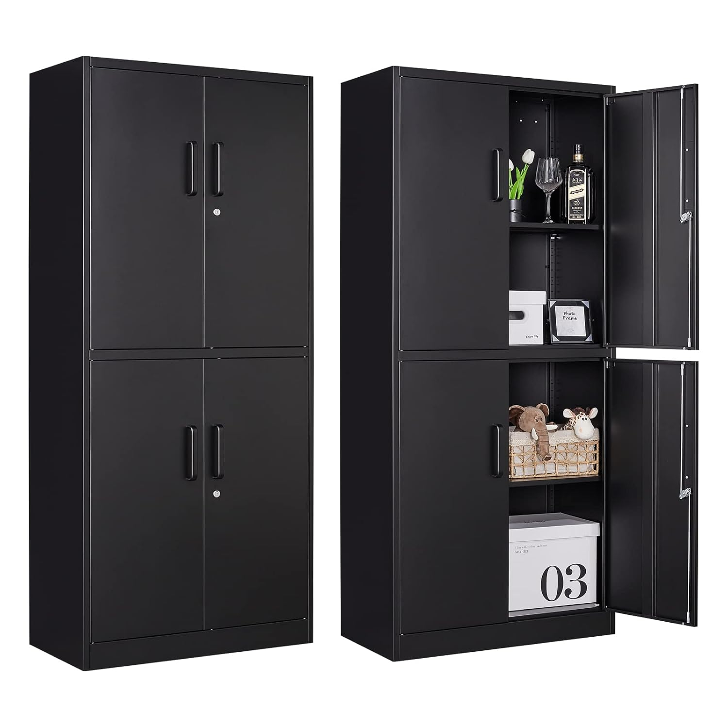 Metal Storage Cabinets with Drawer and Adjustable Shelves, Lockable Storage Cabinet for Pantry Home Office Garage Kitchen Living Dining Room (Black)