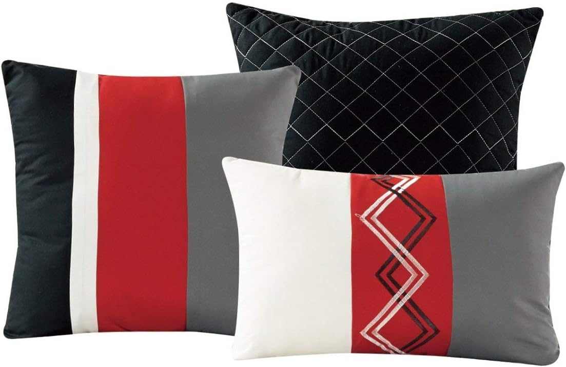 Chezmoi Collection Arden 7-Piece Modern Pleated Stripe Embroidered Zigzag Bedding Comforter Set (Queen, Red/Black/Gray/Off-White)