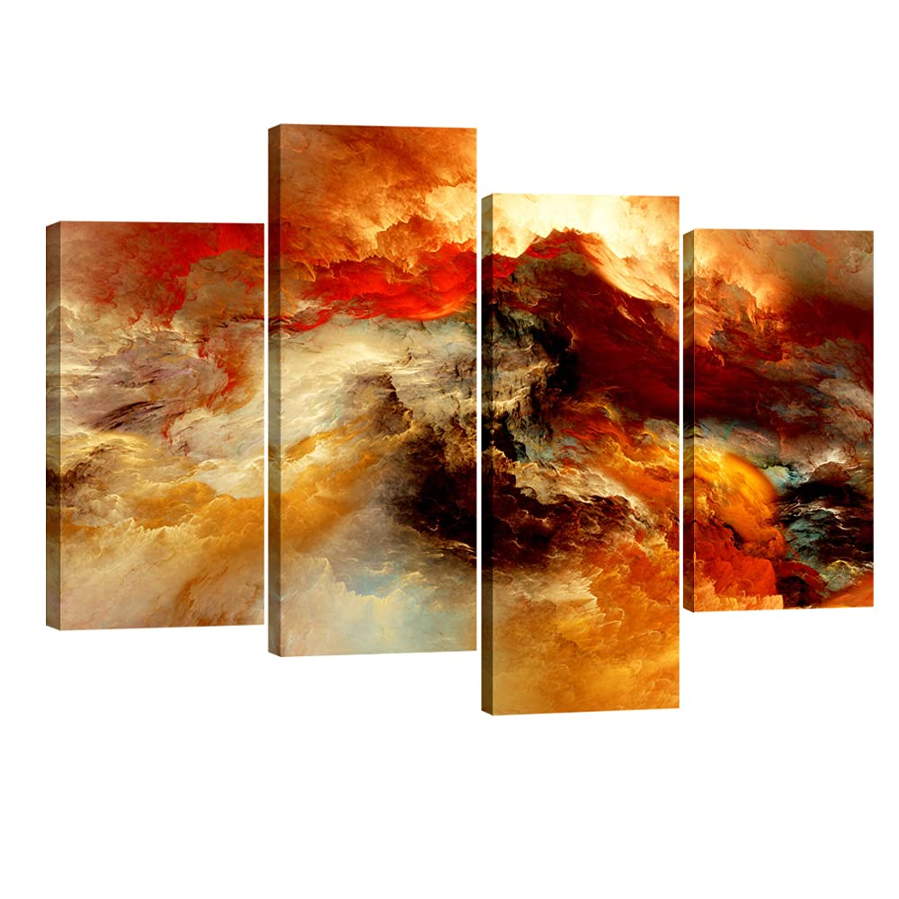 Pyradecor Large Canvas Prints Wall Art Colorful Clouds Landscape Pictures Paintings for Living Room Bedroom Home Decorations 4 Piece Modern Orange Abstract Stretched Artwork