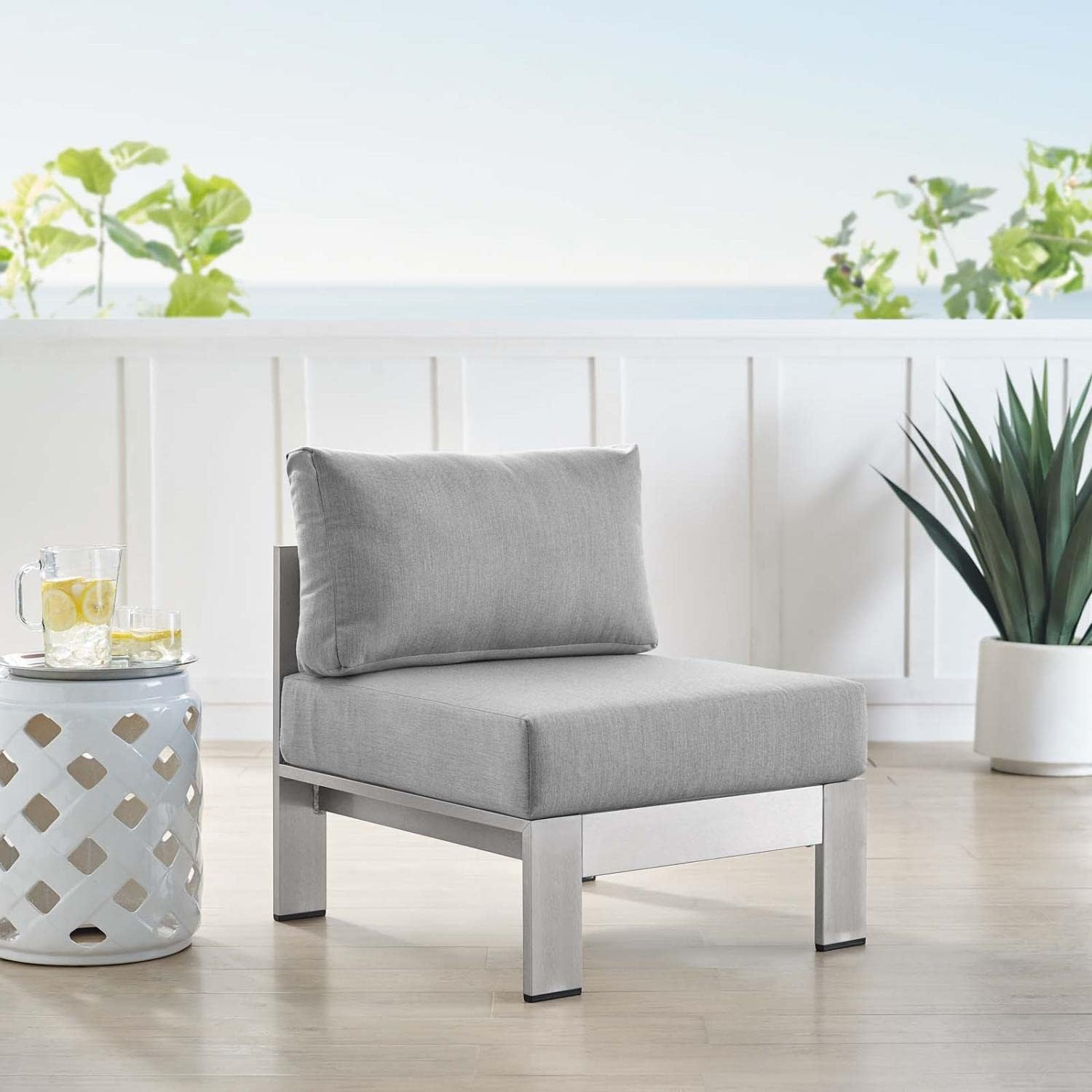 Modway Shore 23.5" Fabric Outdoor Patio Armless Chair in Silver Gray