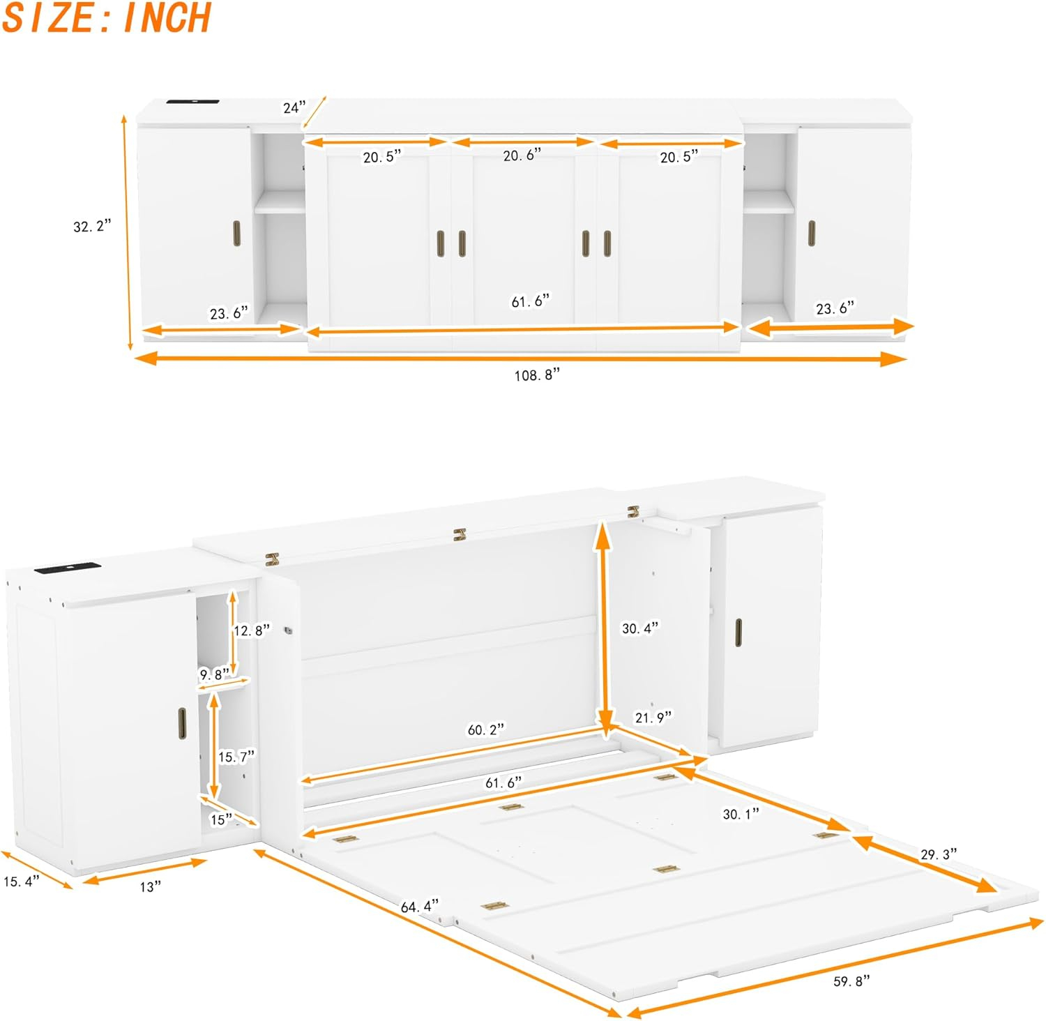 Queen Size Murphy Bed with Shelves, Cabinets and USB Ports, Space-Saving Wall Bed Frames
