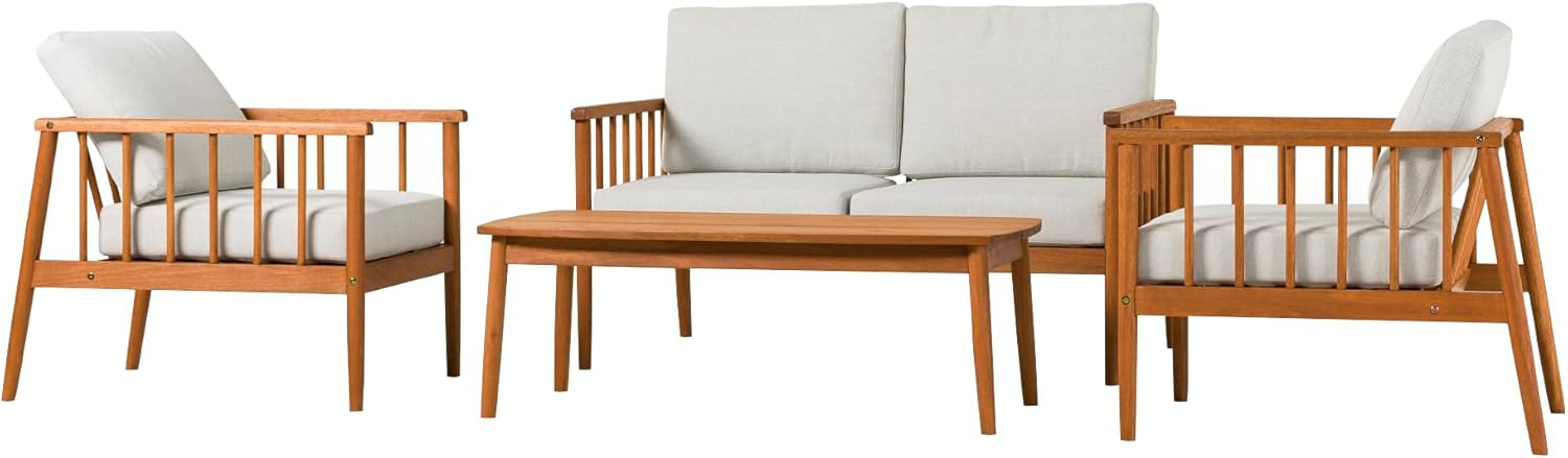 Walker Edison Modern 4-Piece Spindle-Style Eucalyptus Chat Set, Natural