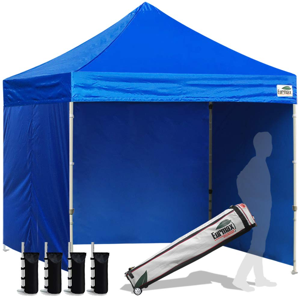 Eurmax USA 8'x8' Pop-up Canopy Tent Commercial Instant Canopies with 4 Removable Zipper End Side Walls and Roller Bag, Bonus 4 SandBags(Blue)