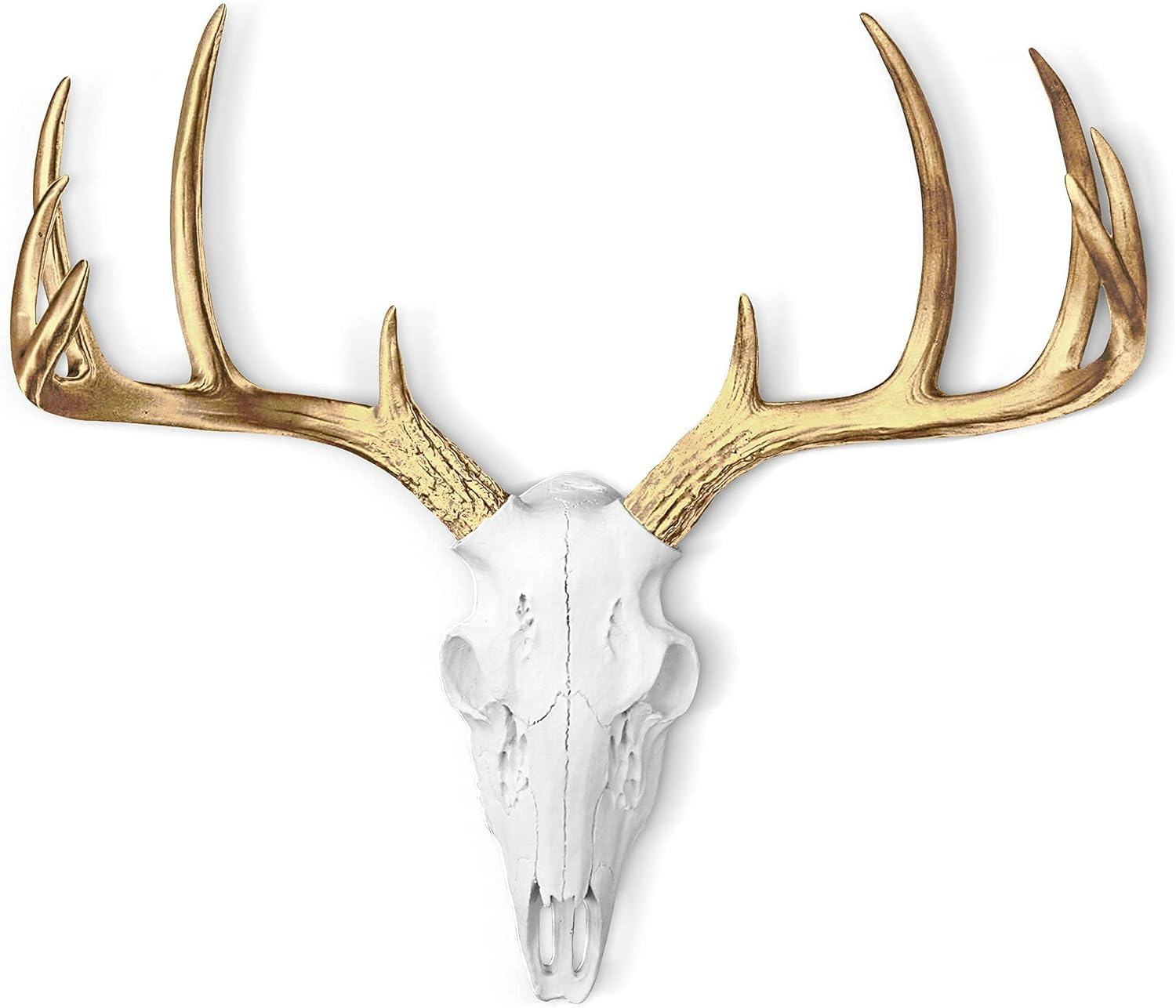 WALL CHARMERS Mini White + Gold Antler Faux Deer Skull - 16" Faux Taxidermy Animal Head Wall Decor - Handmade Farmhouse Decor