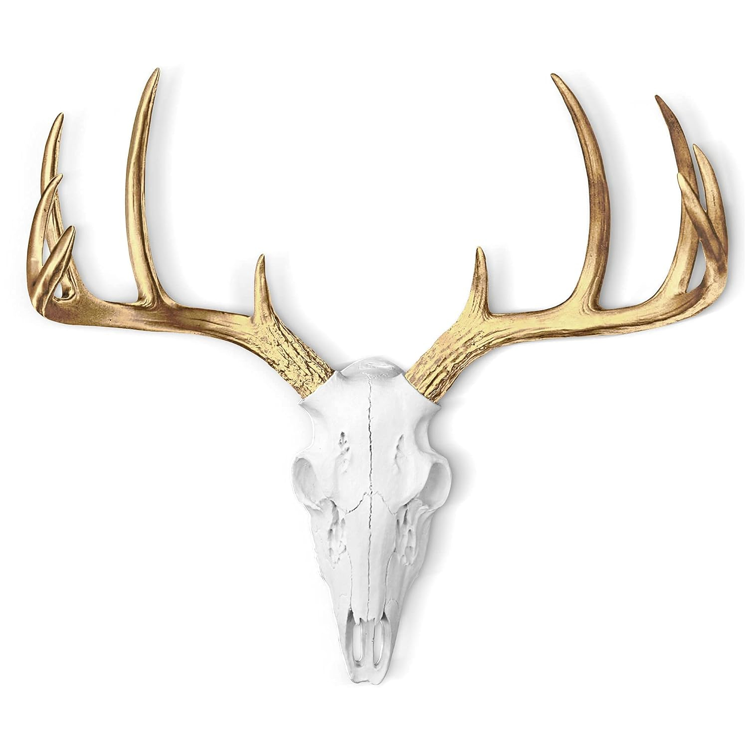 WALL CHARMERS Mini White + Gold Antler Faux Deer Skull - 16" Faux Taxidermy Animal Head Wall Decor - Handmade Farmhouse Decor