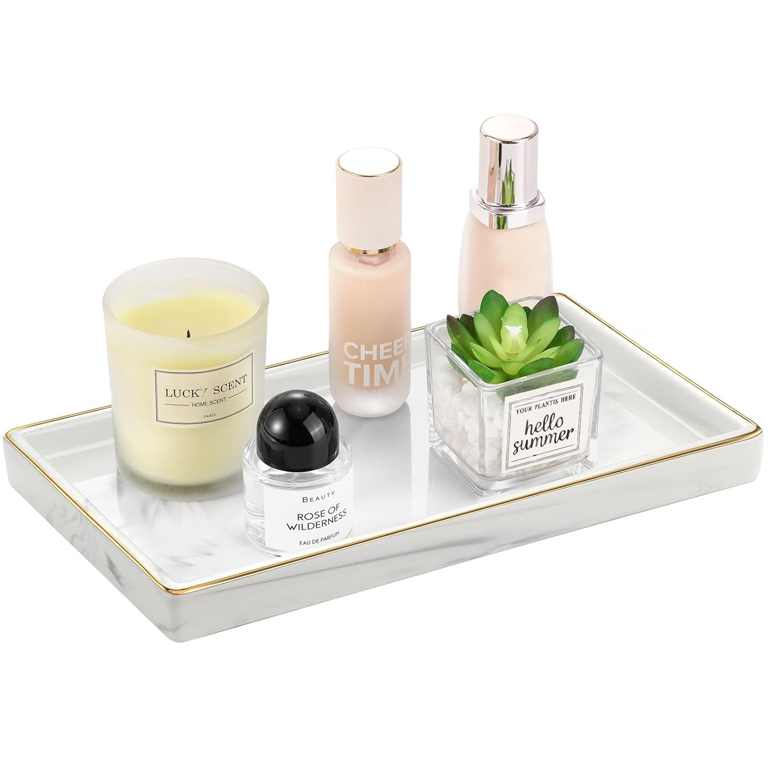 Luxspire Marble Ceramic Vanity Tray - 11" Gold and White Counter Tray for Dresser, Kitchen, Perfume, Bathroom Accessories