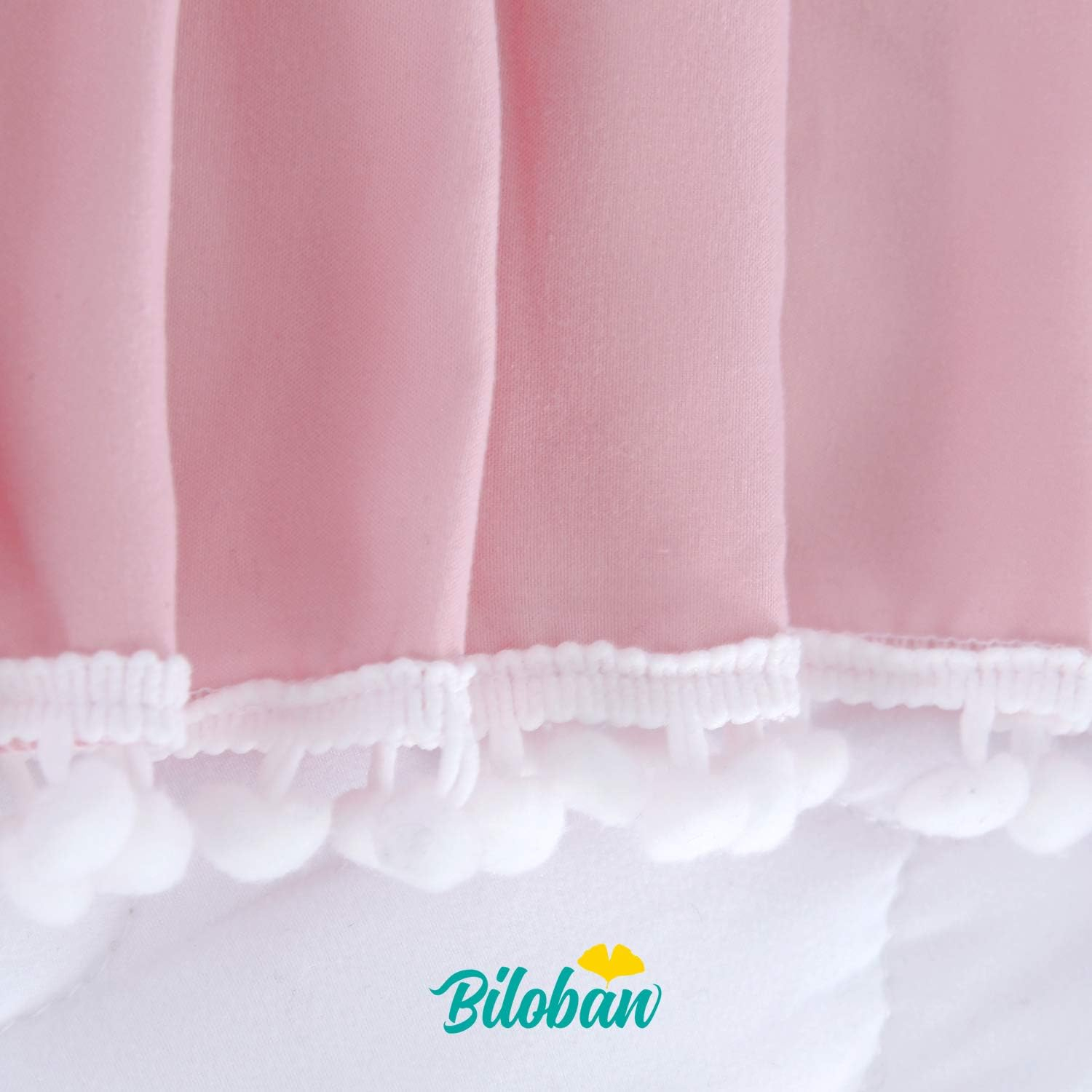 Pink Crib Skirt Pleated with White Lovely Pompoms, Bedding Dust Ruffle for Girls, 14" Drop, Fit All Standard Crib Bed, Fade Resistant Crib Bed Skirt Machine Wash