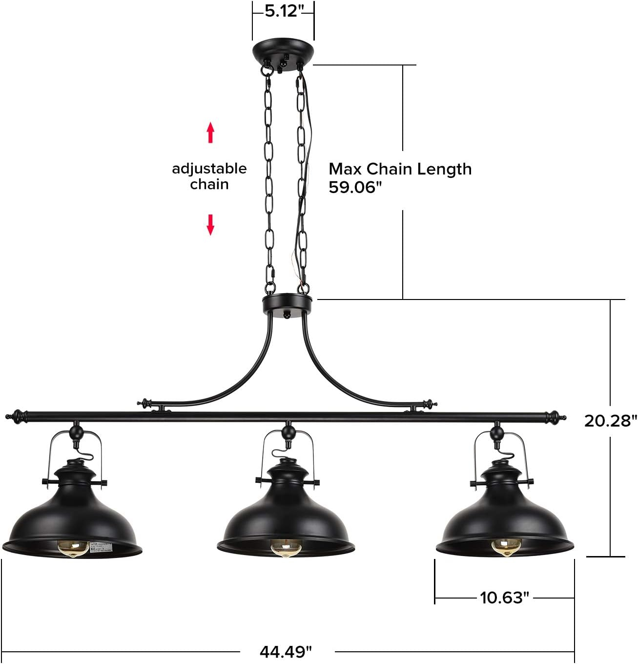 GZBtech Vintage 3-Light Pendant Lighting Fixture, 59.06'' H Adjustable Rustic Hanging Billiard Light Over The Pool Table, Industrial Black Metal Chandelier for Dinning Room Kitchen Island
