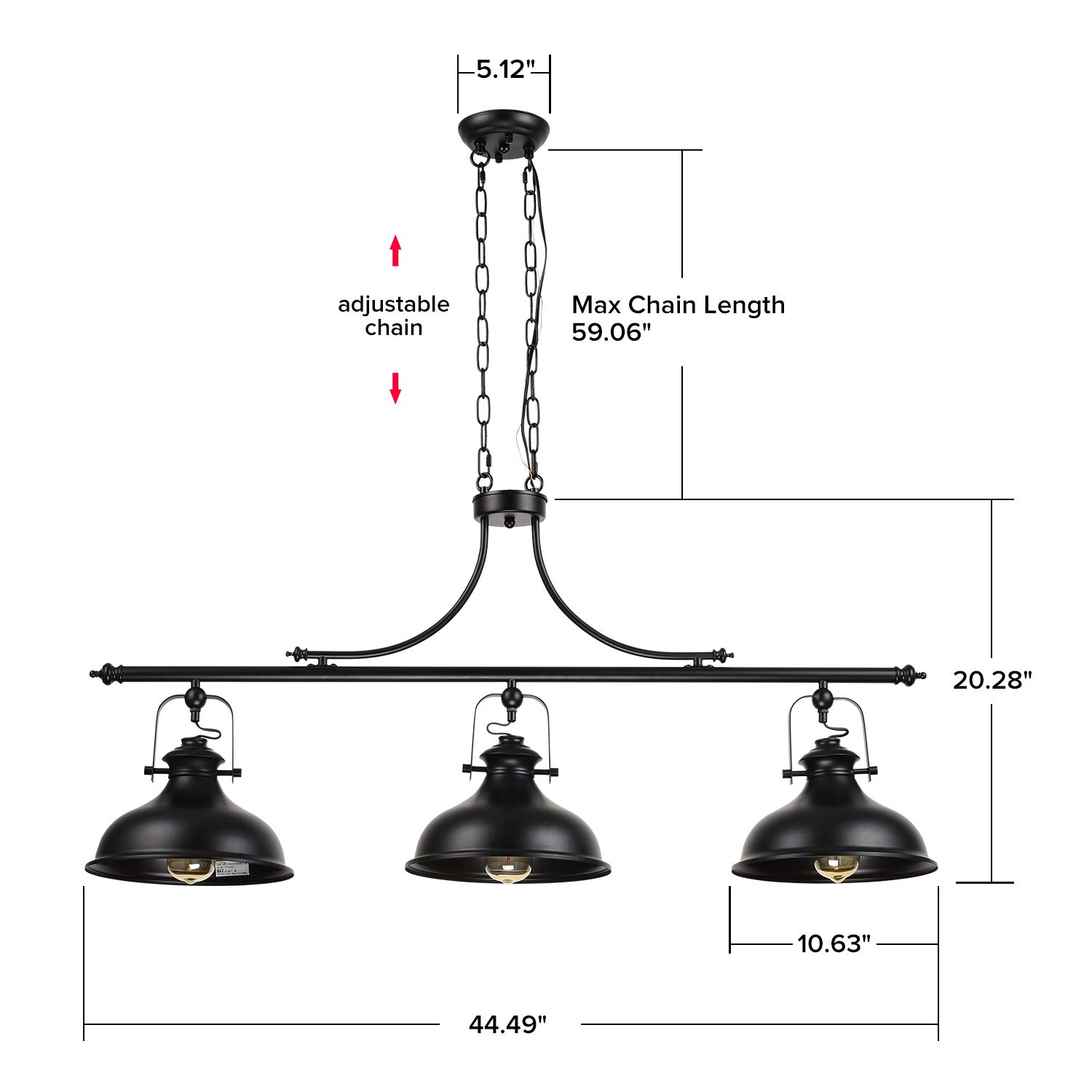GZBtech Vintage 3-Light Pendant Lighting Fixture, 59.06'' H Adjustable Rustic Hanging Billiard Light Over The Pool Table, Industrial Black Metal Chandelier for Dinning Room Kitchen Island