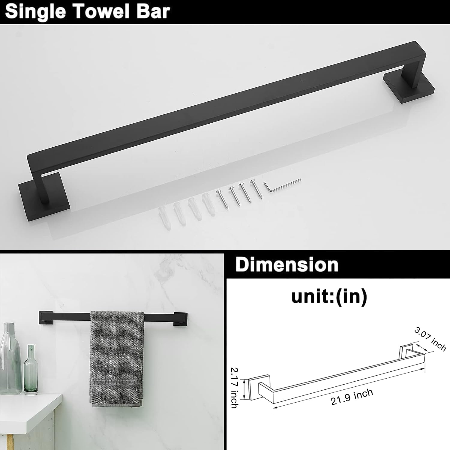 BWE 5 Pieces Matte Black Bathroom Hardware Set SUS304 Stainless Steel Include 21.9" Towel Bar,Hand Towel Holder,Toilet Paper Holder and 2 Robe Hook Square Bathroom Accessories Set Wall Mounted