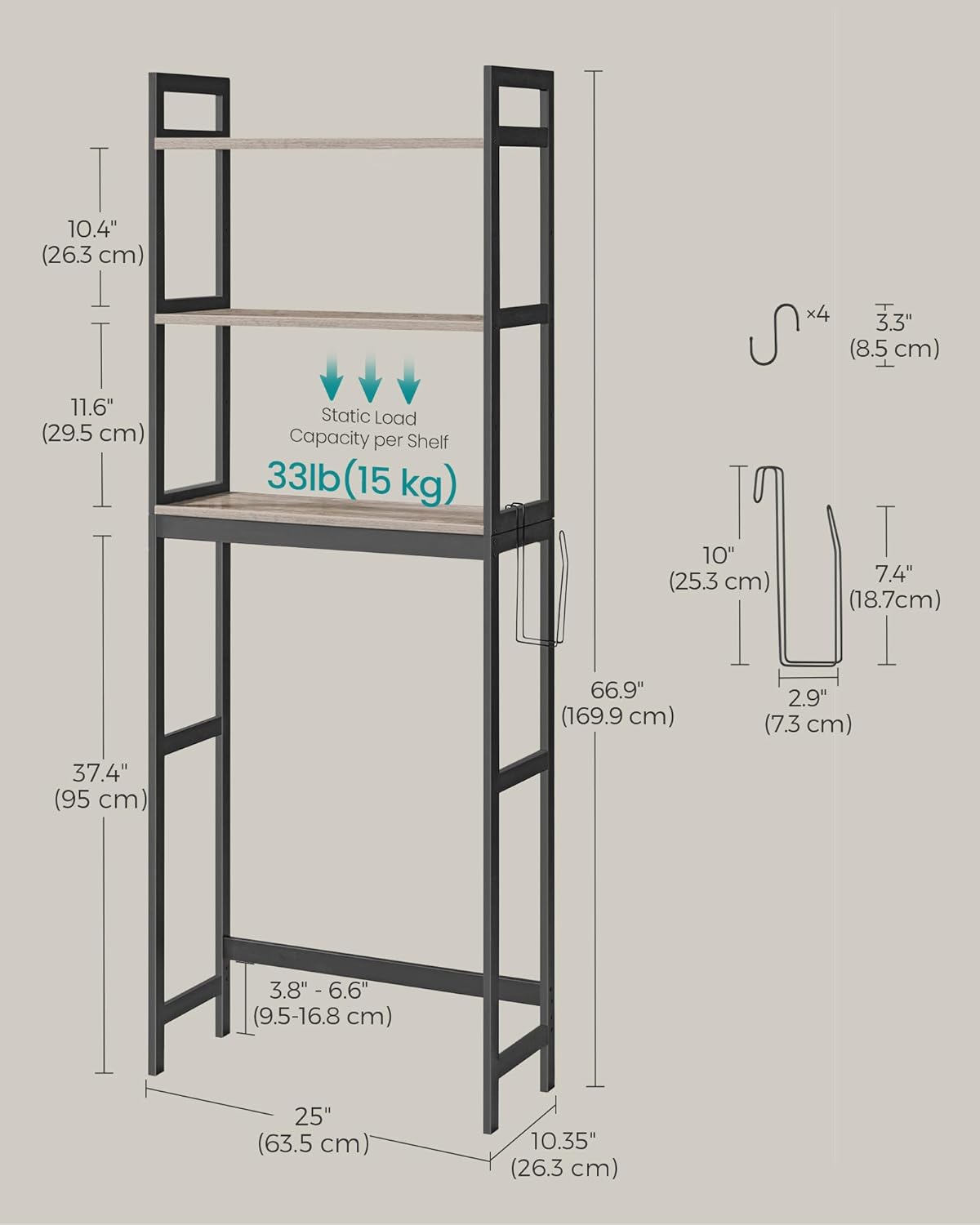 Over The Toilet Storage, 3-Tier Bathroom Organizer,Greige and Black