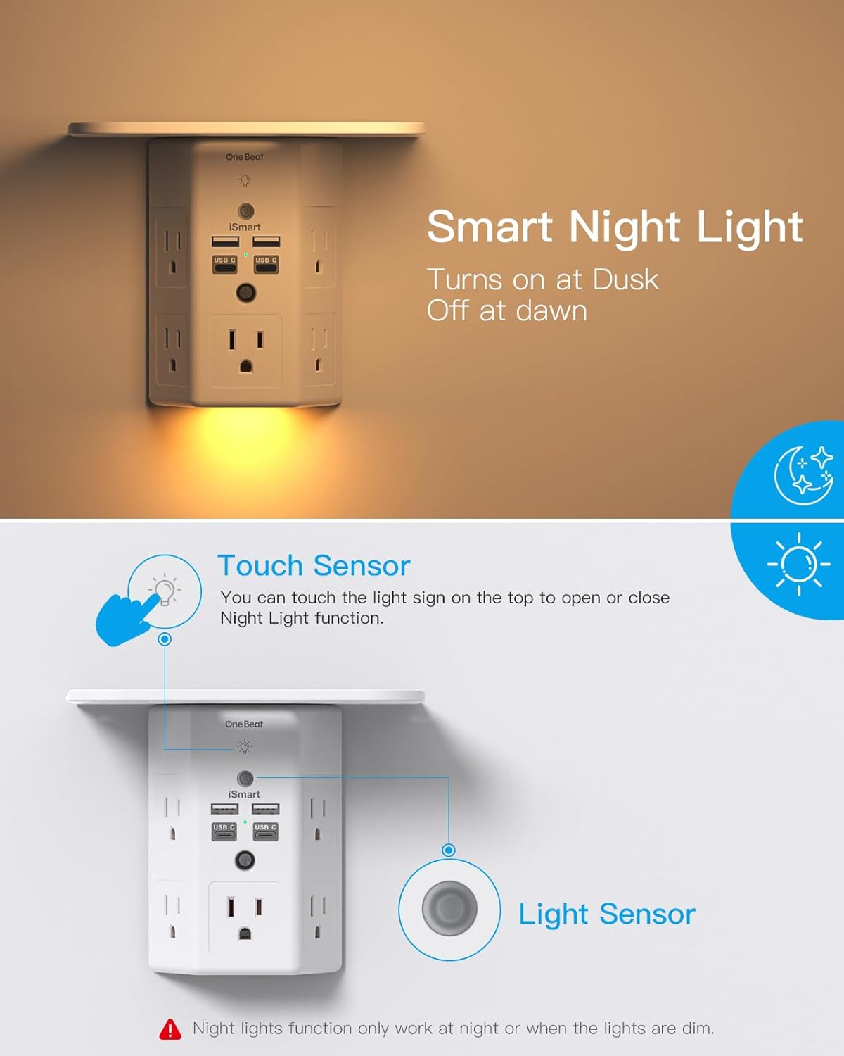 Multi Plug Outlets, Wall Outlet Extender with Night Light and Outlet Shelf, Surge Protector 4 USB Ports(1 USB C), USB Wall Charger Power Strip Electric Outlet Splitter for Home Office White