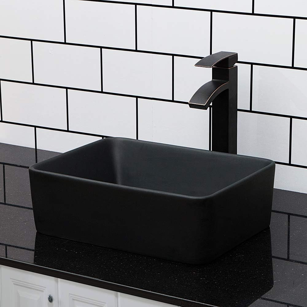 Kichae 16"x12" Vessel Sink Rectangle - Modern Above Matte Black Porcelain Ceramic Bathroom Vessel Vanity Sink Bowl Art Basin