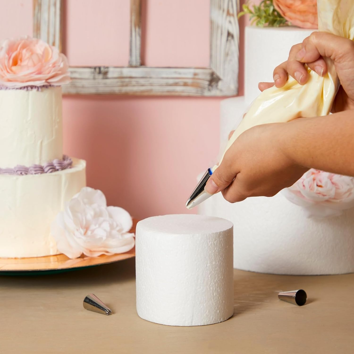 4 Tier Round Foam Cake Dummy Set, 4" 6" 8" 10" Fake Wedding Cake Dummies for Display, Decorating, 14.4" Tall Dummies (White)
