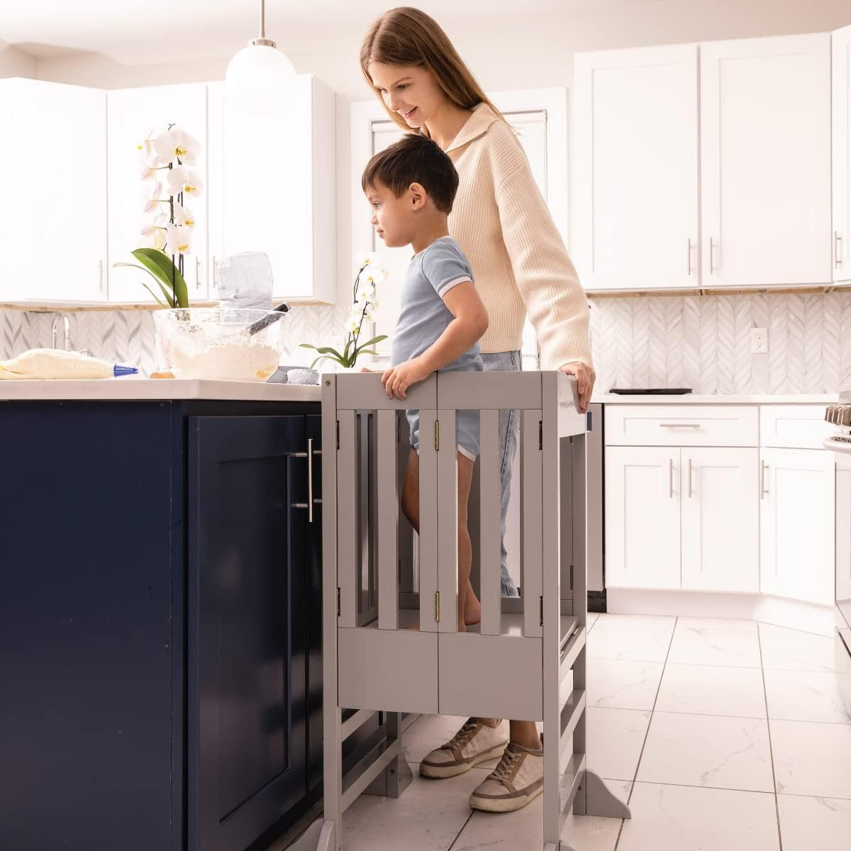Milliard Kids Kitchen Step Stool Helper, Foldable – for Kids and Toddlers - Wooden (Grey)