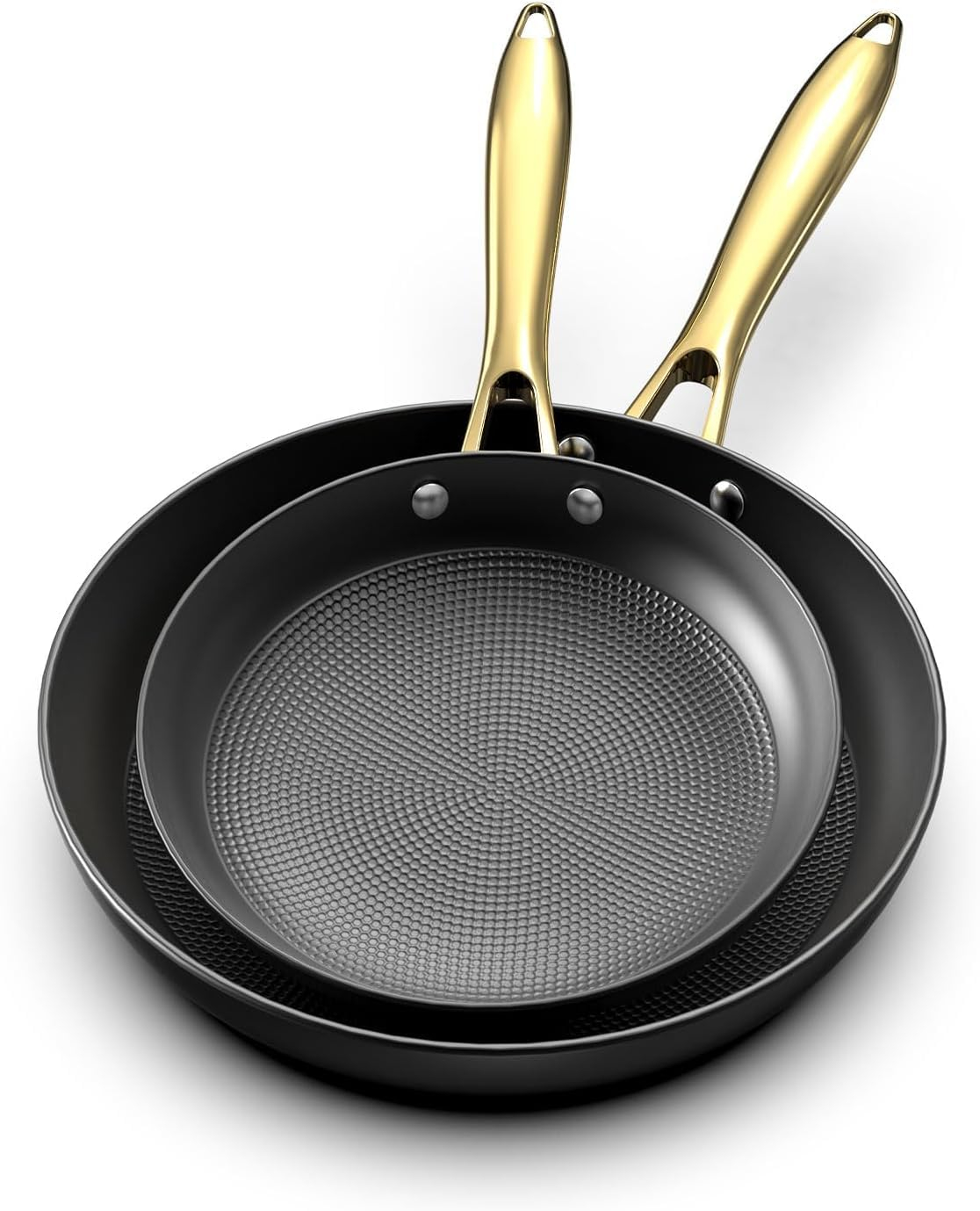 imarku Non Stick Frying Pans, Professional Cast Iron Skillets 2 Pcs - 8 Inch & 10 Inch Frying Pans Nonstick, Honeycomb Long Lasting Frying Pan Set Gold Handle Oven Safe Pan, New Home Essentials