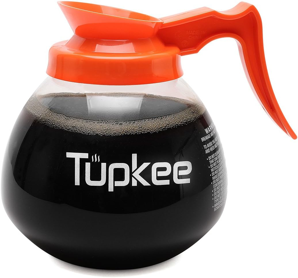 Tupkee Commercial Coffee Pot Replacement - Restaurant Glass Coffee Pots 12 Cup Decanter Carafe - 64 oz. 12-Cup, Orange Handle / Decaf