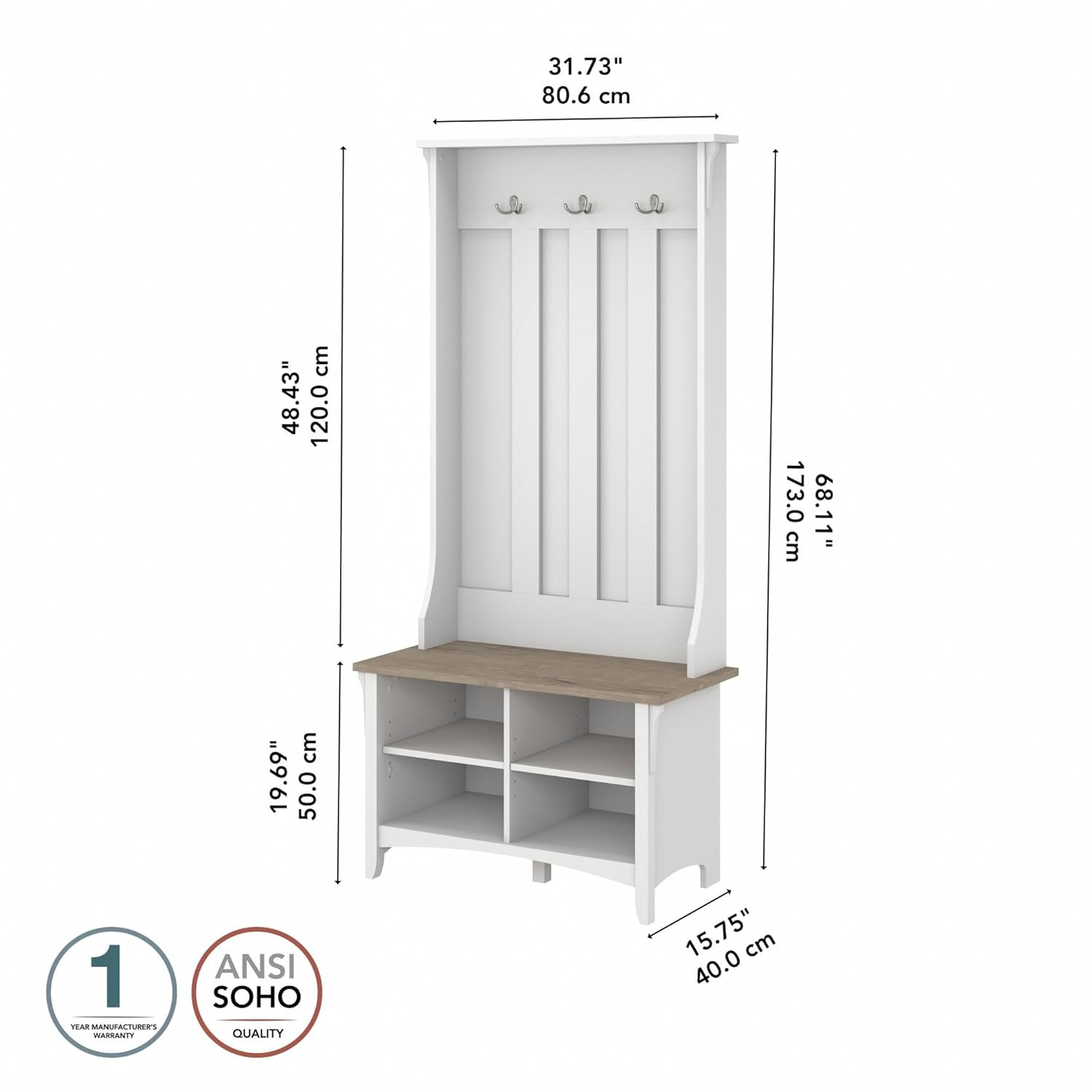 Bush Furniture Salinas Hall Tree with Storage Bench, Shiplap Gray & White