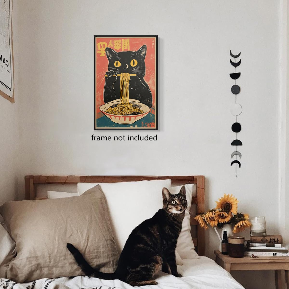 Vintage Japanese Cat Canvas Wall Art, Quirky Black Cat Eating Ramen Poster, Retro Funny Animal Food Art Print, Unique Kitchen Dining Room Wall Decor, Noodle Lover Gift 8x12in Unframed