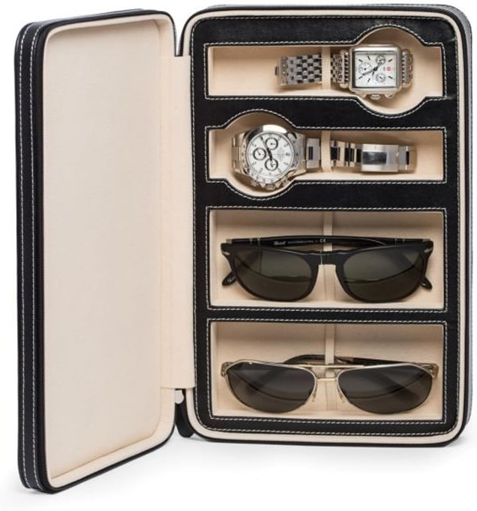 Black Leather Two Watch and Two Sunglass Travel Case with Form Fit Compartments with Zipper Closure.