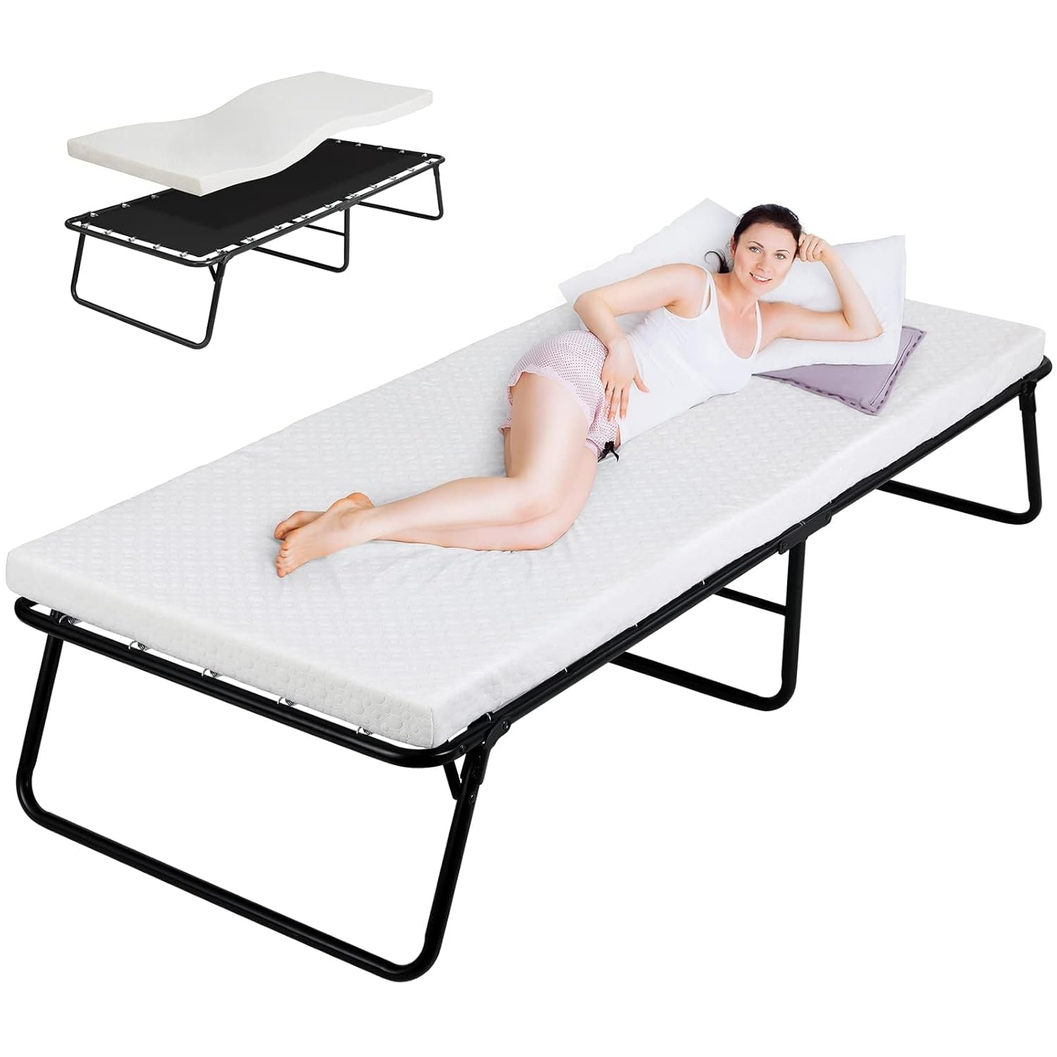 MAMIZO Folding Bed 75" x 35", 4 in Wider Rollaway Bed with Mattress for Adults, Portable, Metal Frame with Memory Foam Mattress, No Assembly Required (75" x35" x14")