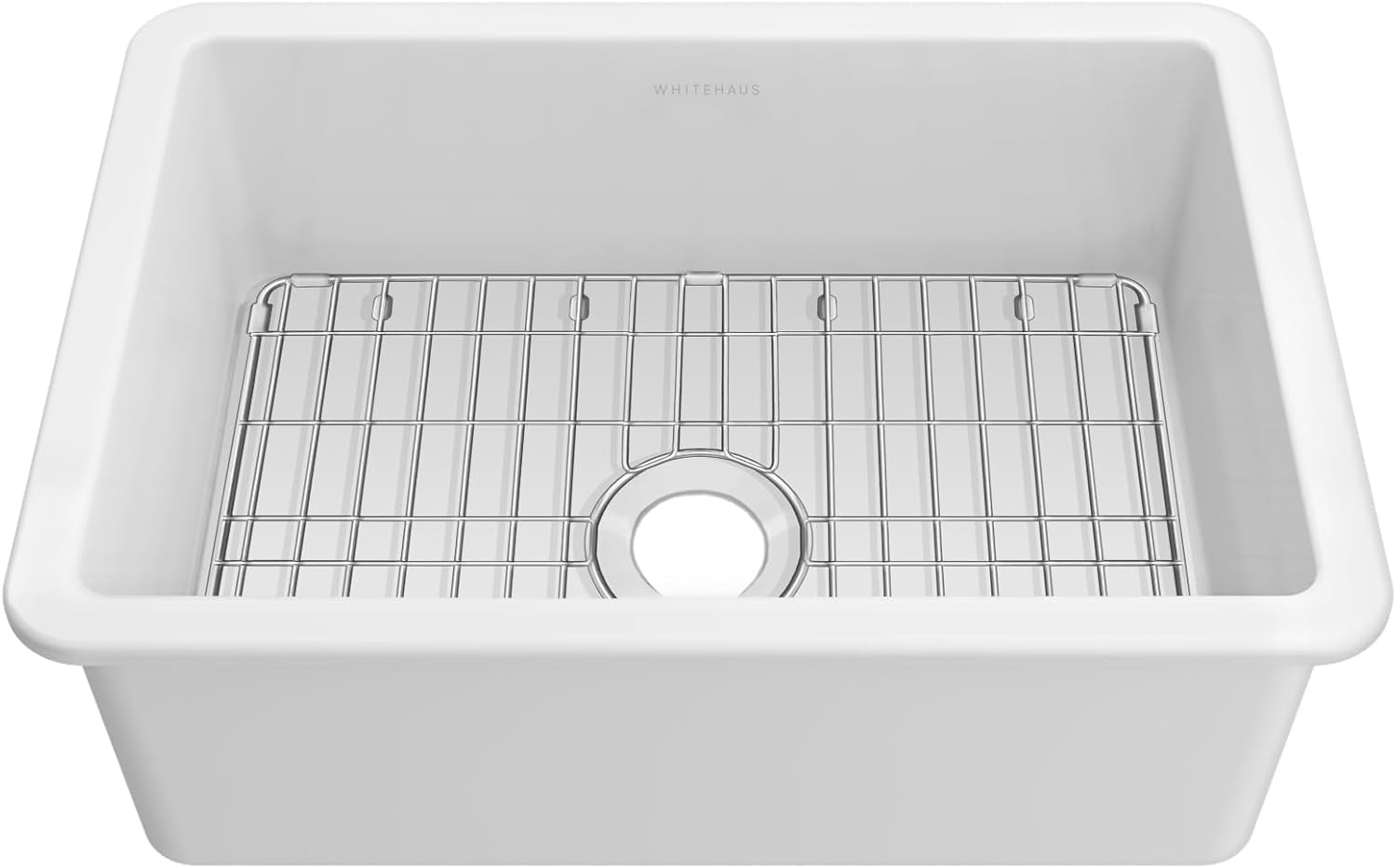 Glossy White Fireclay Drop-in Single Bowl Kitchen Sink with Stainless Steel Grid