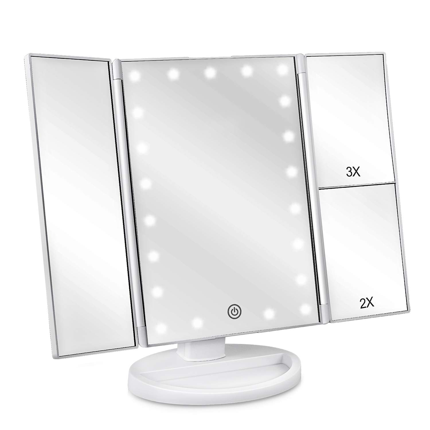 deweisn Floor Mount Tri-Fold Lighted Vanity Mirror with 21 LED Lights, Touch Screen and 3X/2X/1X Magnification, Two Power Supply Modes Make Up Mirror,Travel Mirror