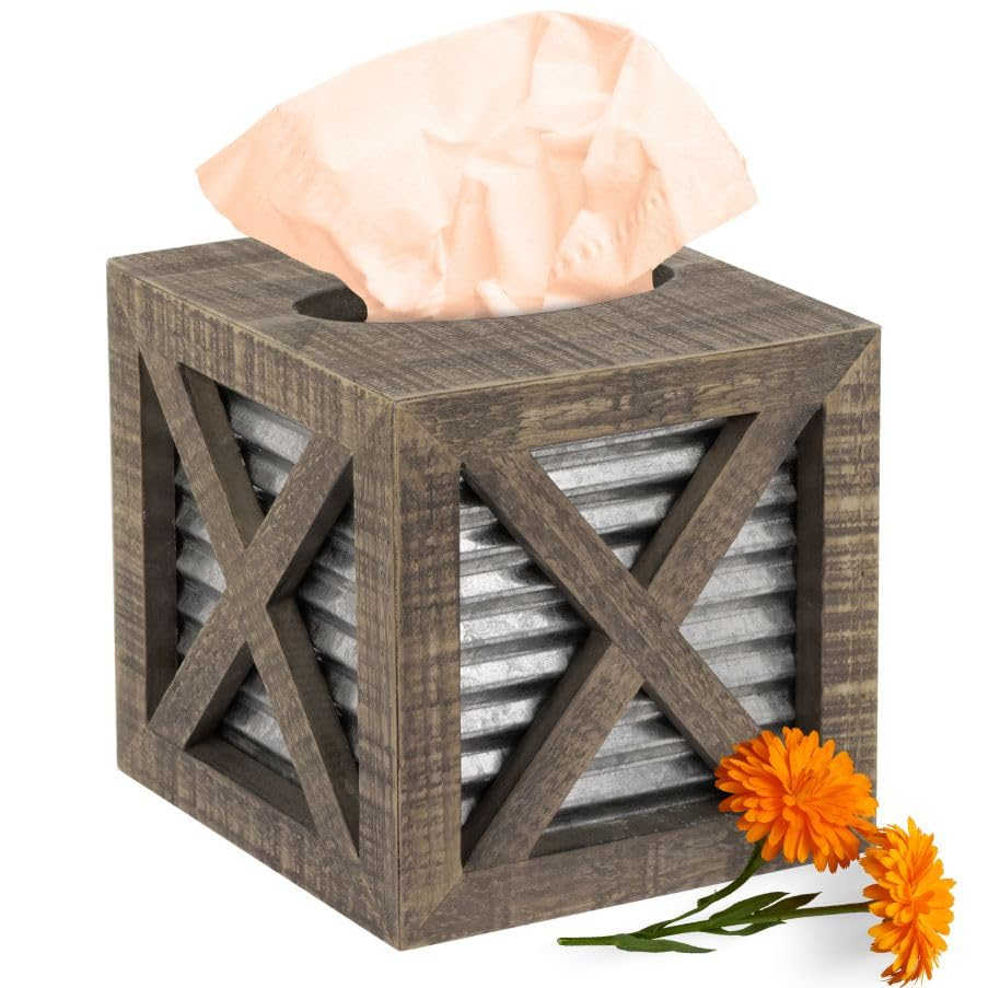 Autumn Alley Wood Rustic Farmhouse Tissue Box Cover with Galvanized Metal – Farmhouse Decor