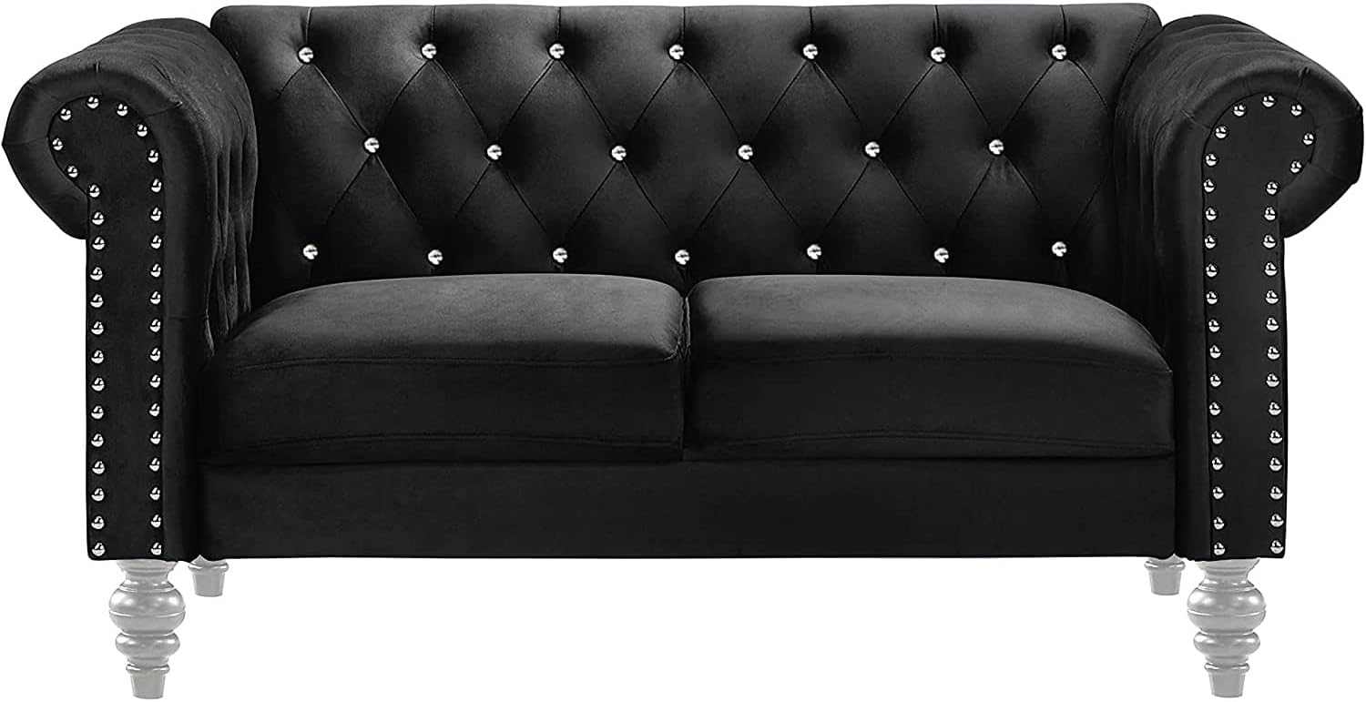 New Classic Furniture Glam Emma Velvet Two Seater Chesterfield Style Loveseat for Small Spaces with Crystal Button Tufts, Black