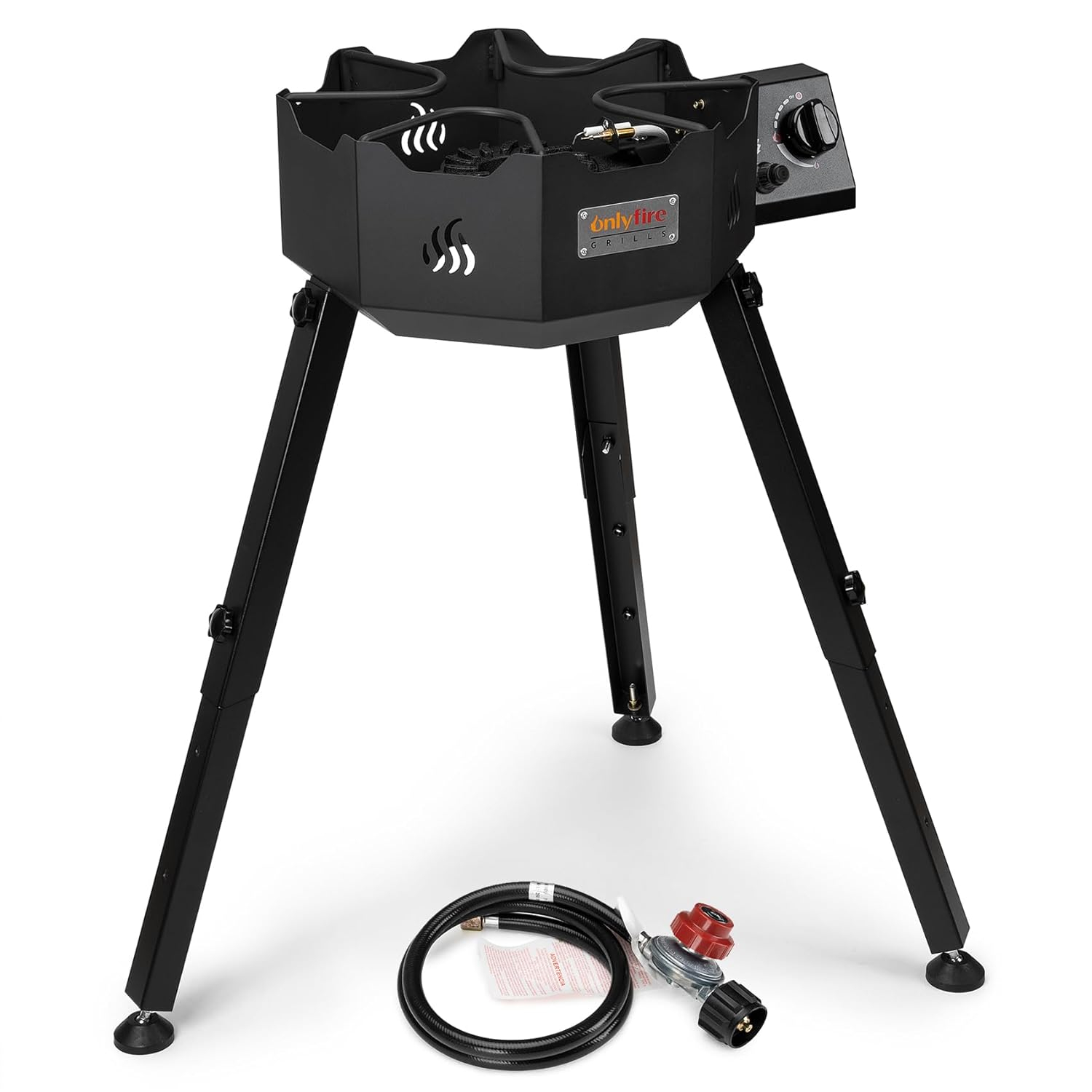 ONLYFIRE Portable Gas Burner with Adjustable Removable Legs, Propane Camping Stove for Backyard RV Tailgating Outdoor Cooking, works for Wok, Skillet, Frying Pan, Pot, 4FT Hose, 65000BTU, GS301