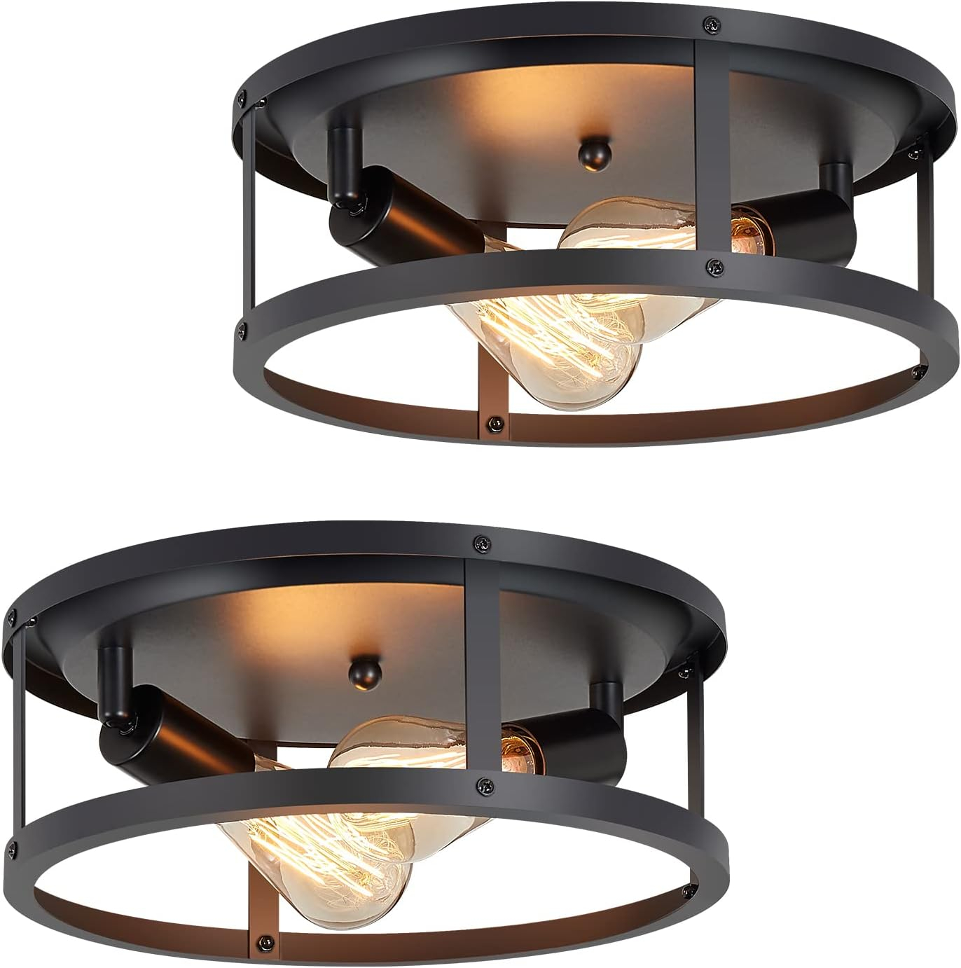 2-Light Industrial Flush Mount Ceiling Light Fixture,Black Farmhouse Ceiling Light Fixture,Modern Flush Mount Light Fixture for Kitchen Bedroom Living Room Hallway 2 Pack