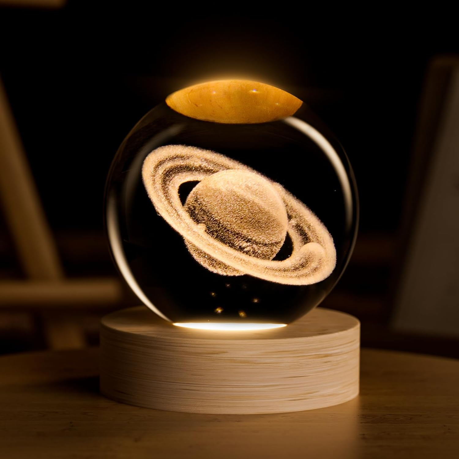 Saturn Crystal Ball, 2.4 inch Decorative Quartz Glass Ball Sphere with Wooden Base, Paperweight Display Sculpture Home Decor Gifts for Women Friends Girls
