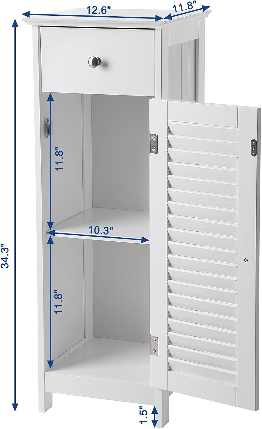 VASAGLE Bathroom Storage Cabinet, Small Slim Bathroom Floor Cabinet with Drawer and Shutter Door, for Living Room, Bedroom, 11.8 x 12.6 x 34.3 Inches, White UBBC43WT