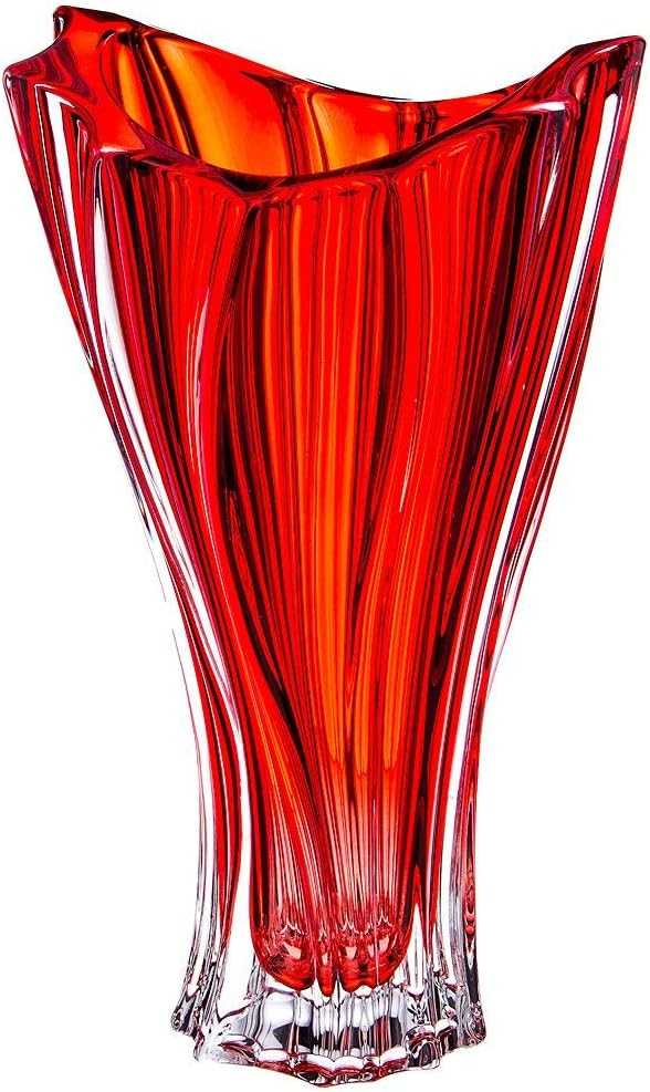 Czech Bohemian Crystal Glass Vase 12''-Height Red ''Plantica'' European Design Elegant Centerpiece Flower Vase Home Decor Wedding Birthday Housewarming Anniversaries