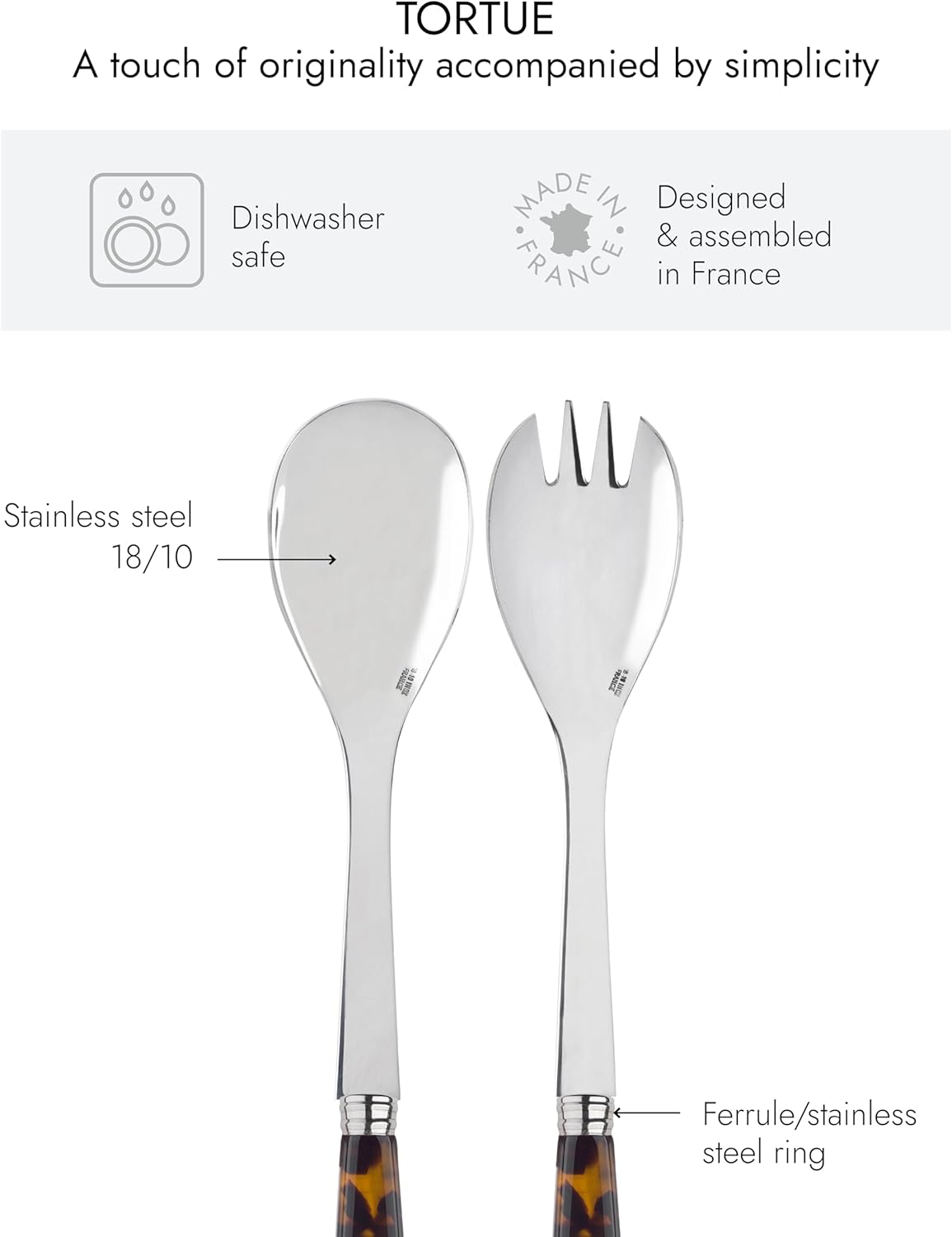 2-Piece Salad Servers 10.2 inches - Tortue Collection - Stainless Steel & Acrylic - Dishwasher Safe - Scaled Effect