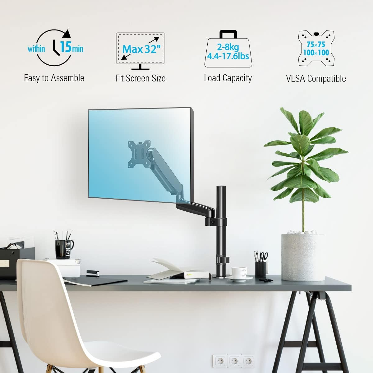 MOUNTUP Monitor Mount Desk Monitor Arm, Full Motion Gas Spring Single Computer Monitor Stand, Height Adjustable Monitor Desk Mount with C Clamp/Grommet Base, VESA Mount Fits 17 to 32 Inch LCD Screens