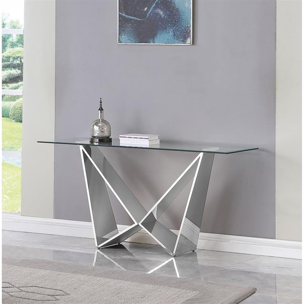 Clear Glass and Silver Metal Geometric Console Table