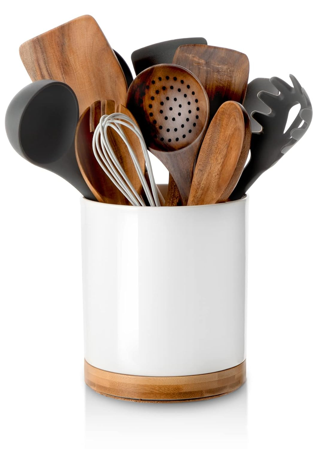 Nucookery 360° Rotating Utensil Holder, 7.2" Large Utensil Crock, White Ceramic Cooking Utensil Organizer with Countertop-Protection Cork Bottom for Farmhouse Kitchen Decor Christmas Gift (White)