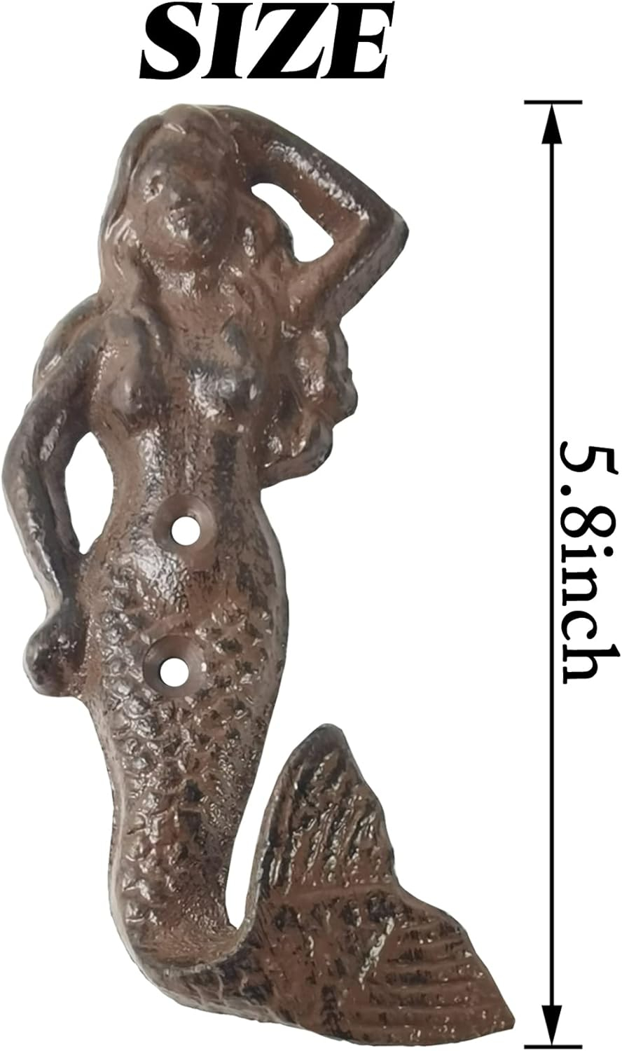 2PCS Rustic Cast Iron Mermaid Hook Wall Hanger Decor Beach Nautical Towel Holder