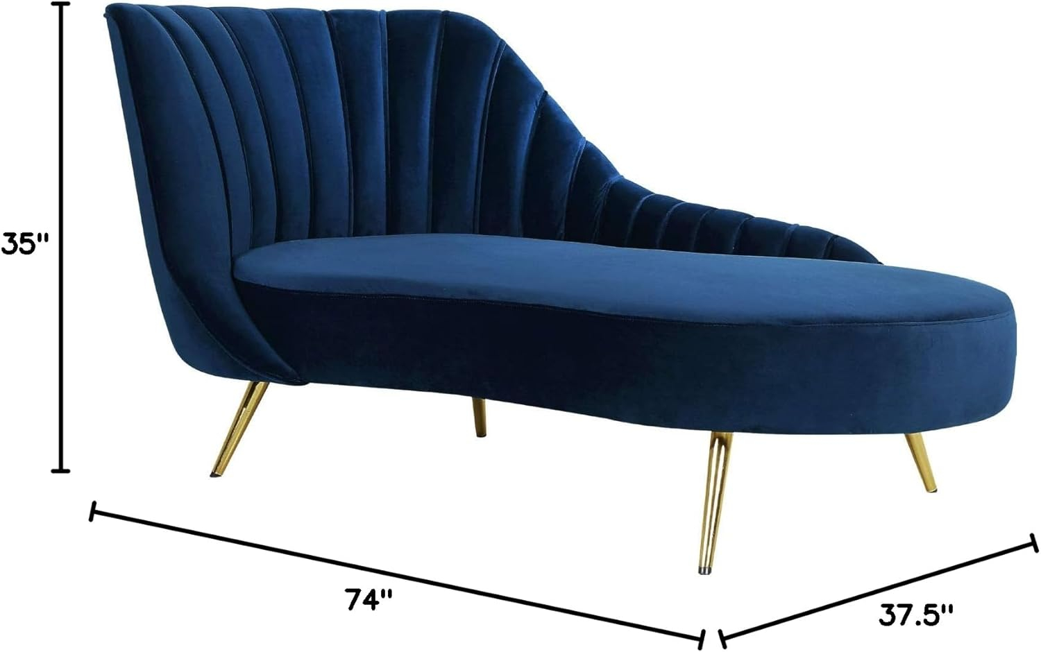 Meridian Furniture Margo Collection Modern | Contemporary Velvet Upholstered Chaise with Deep Channel Tufting and Rich Gold Stainless Steel Legs, Navy, 74" W x 37.5" D x 35" H