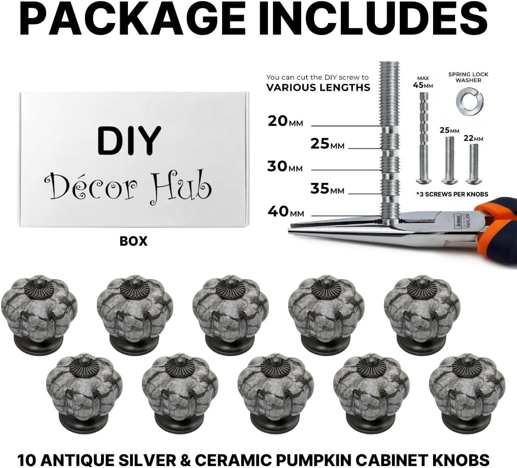 10 pcs Antique Silver Gray Ceramic Pumpkin Cabinet Knobs with Solid Metal Core for Cabinets, Drawers, Dressers, Closets