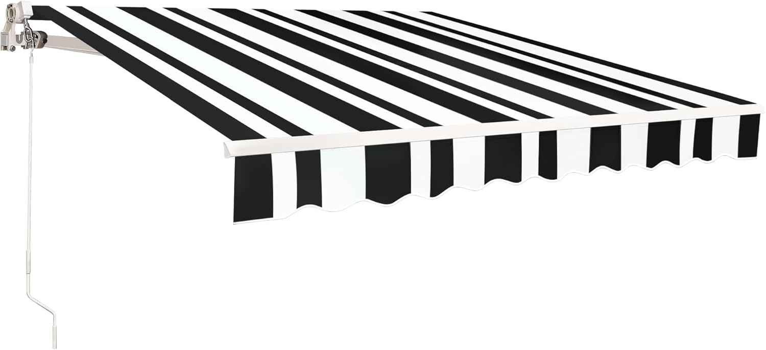 Large White and Black Striped Polyester Retractable Outdoor Canopy