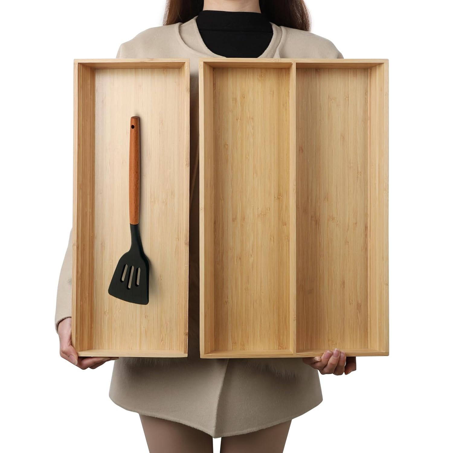 2-Piece V-Shaped Bamboo Drawer Organizer - Ideal for Kitchen's Large Long Tableware, Cooking Utensils, Flatware, Silverware - Wood Storage Box for Home, Bedroom, Bathroom (19.6"x12.4" & 19.6"x7.8")