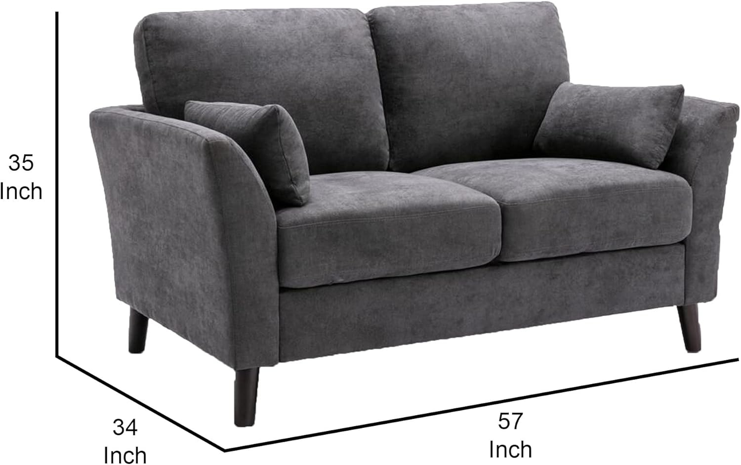Benjara Otto 57 Inch Loveseat, Throw Pillows, Padded Cushions, Dark Gray Velvet