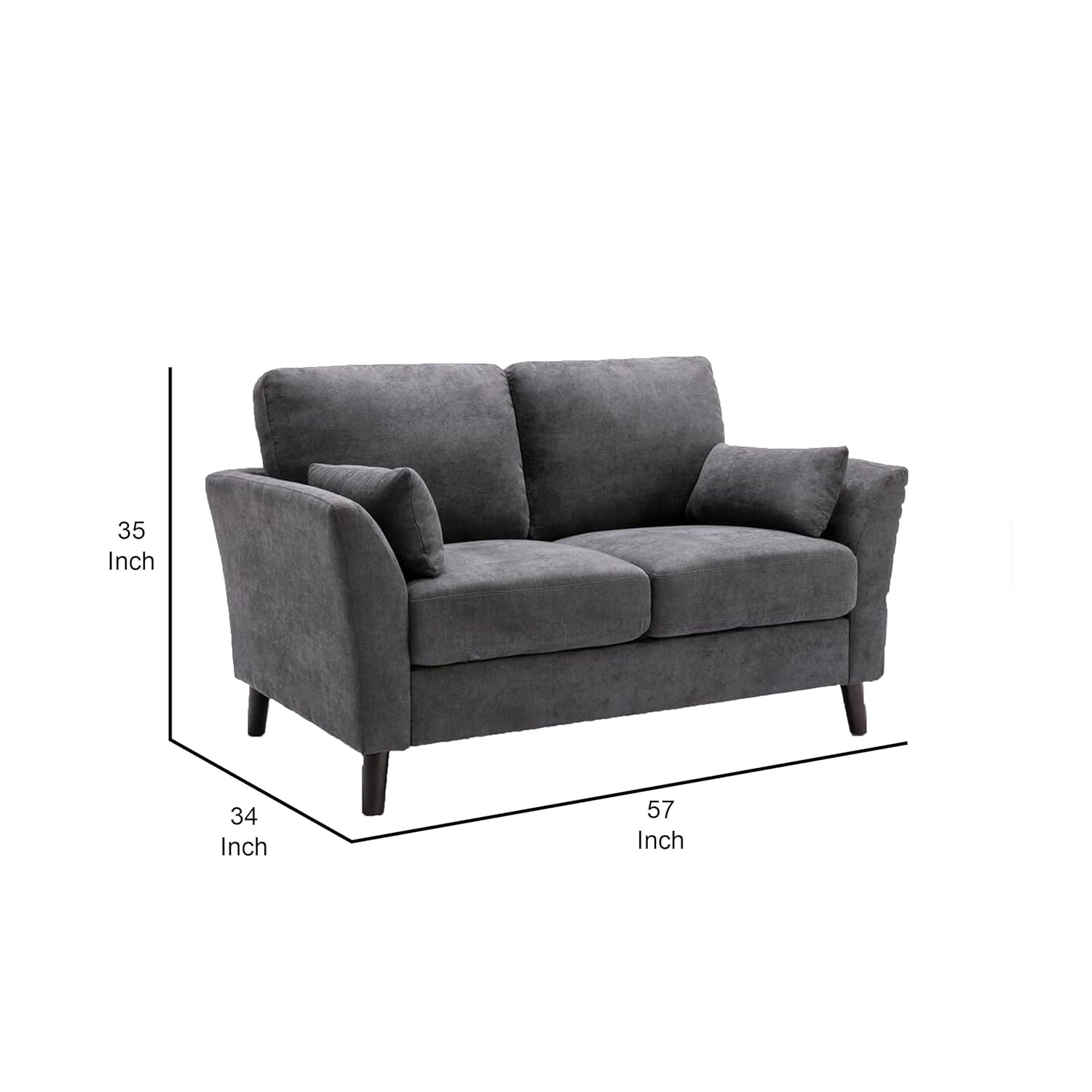 Benjara Otto 57 Inch Loveseat, Throw Pillows, Padded Cushions, Dark Gray Velvet