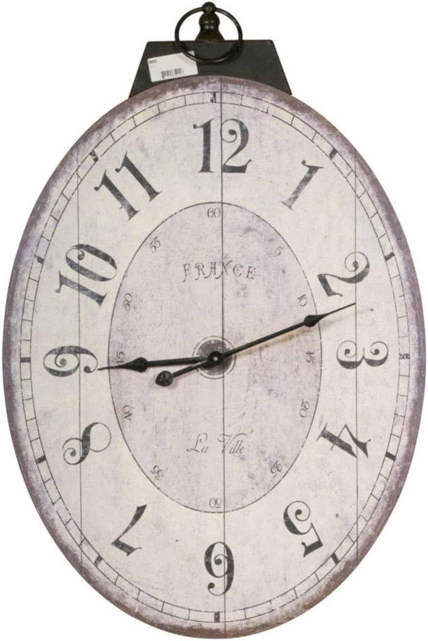 Distressed White and Brown Oval Wooden Wall Clock with Metal Loop