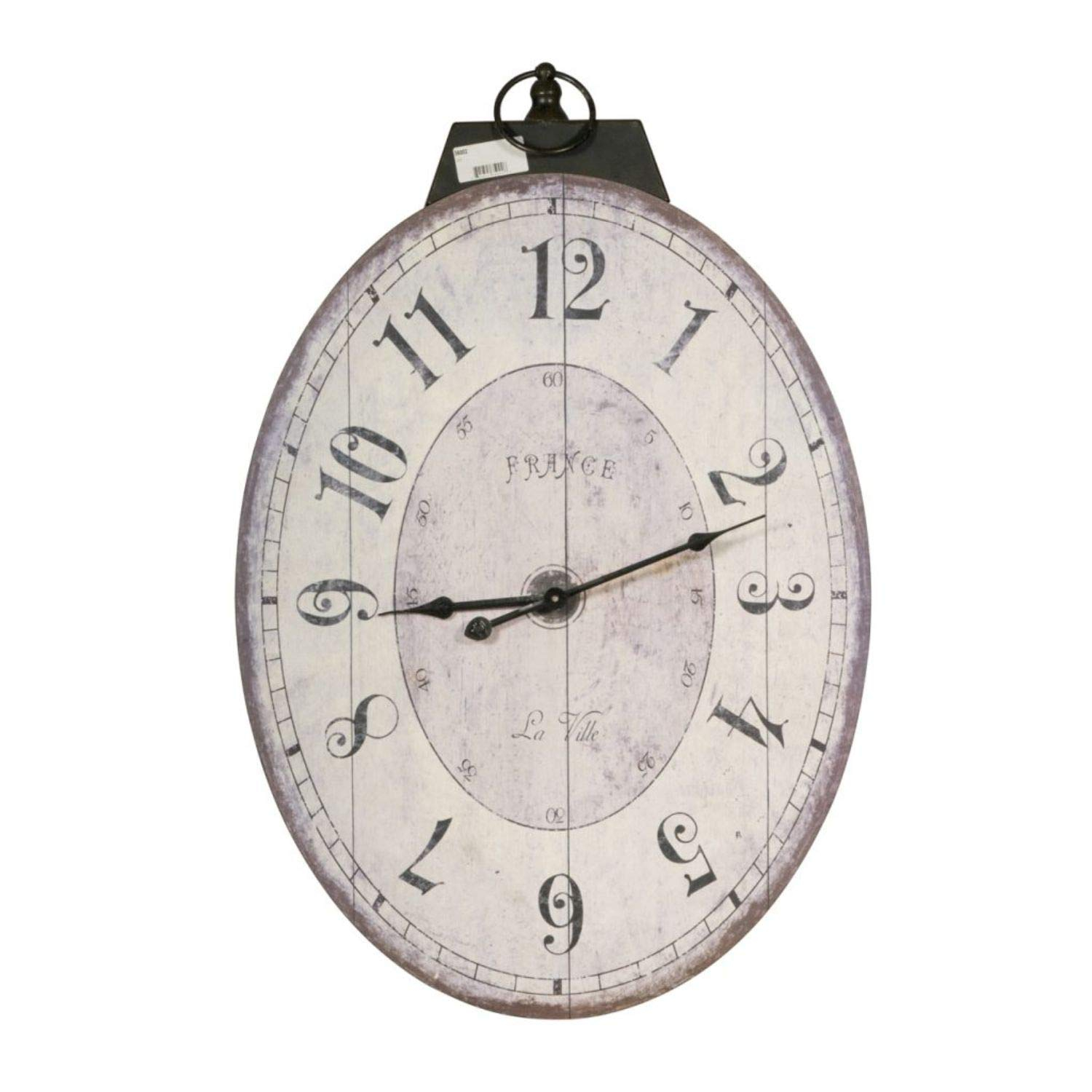 Distressed White and Brown Oval Wooden Wall Clock with Metal Loop