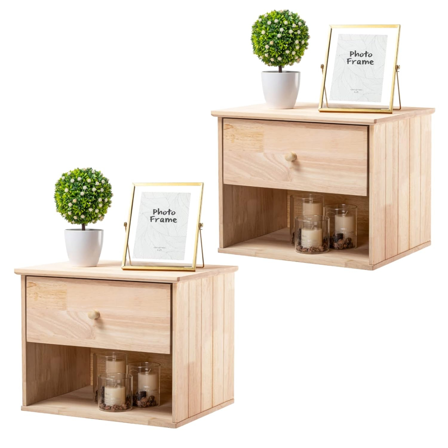 Natural Rubber Wood Floating Nightstand with Drawer and Shelf, Set of 2